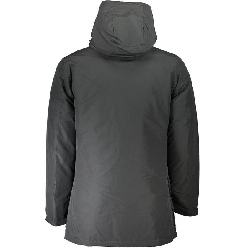 Gray Cotton Men JacketElevate your outerwear game with the Woolrich long-sleeved parka. Designed to seamlessly blend practicality with style, this hooded marvel features a quartet of pockets for all your essentials. Fastened with both zip and buttons, it’