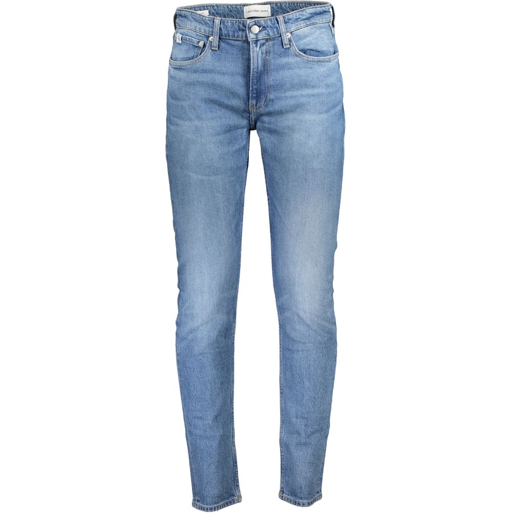 Blue Cotton Men JeansElevate your denim game with these Calvin Klein slim tapered jeans. Boasting a modern washed effect for a touch of edge and crafted with a touch of elastane for that perfect fit, they surmise a blend of style and comfort. A subtle log