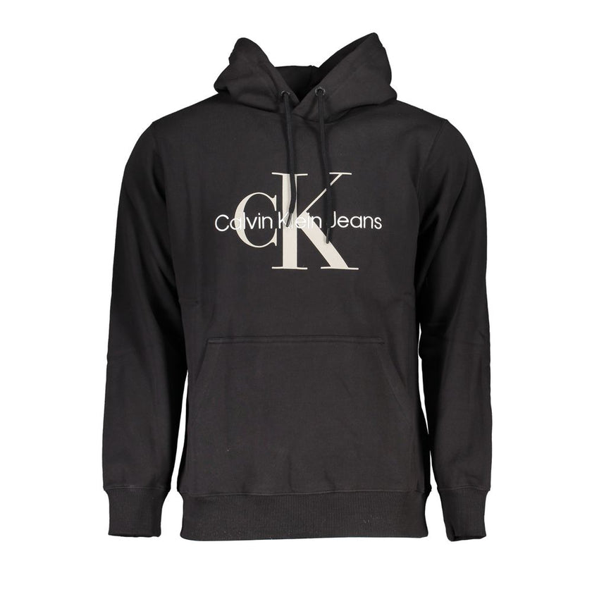 Black Organic Cotton Men SweaterElevate your wardrobe with this distinguished Calvin Klein hooded sweatshirt. Meticulously crafted from 100% organic cotton, this long-sleeved garment merges comfort with a sharp, contemporary edge. Bold contrast detailing