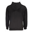 Black Organic Cotton Men SweaterElevate your wardrobe with this distinguished Calvin Klein hooded sweatshirt. Meticulously crafted from 100% organic cotton, this long-sleeved garment merges comfort with a sharp, contemporary edge. Bold contrast detailing