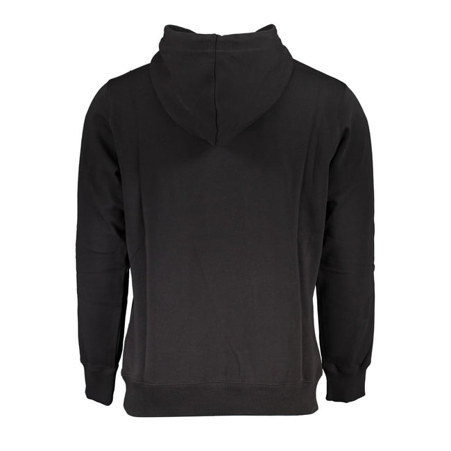Black Organic Cotton Men SweaterElevate your wardrobe with this distinguished Calvin Klein hooded sweatshirt. Meticulously crafted from 100% organic cotton, this long-sleeved garment merges comfort with a sharp, contemporary edge. Bold contrast detailing