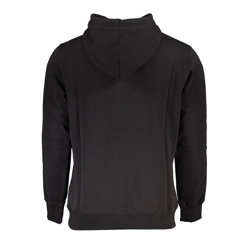 Black Organic Cotton Men SweaterElevate your wardrobe with this distinguished Calvin Klein hooded sweatshirt. Meticulously crafted from 100% organic cotton, this long-sleeved garment merges comfort with a sharp, contemporary edge. Bold contrast detailing