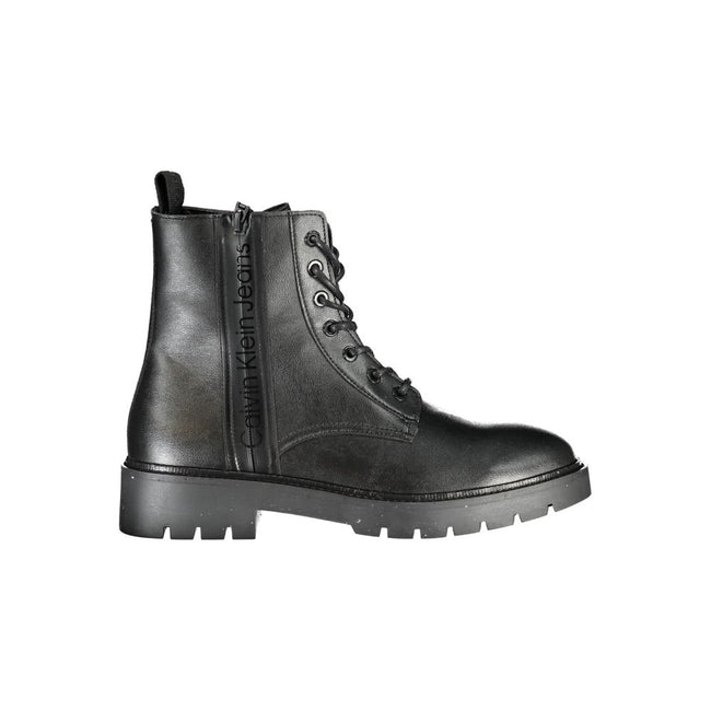 Black Polyester Men BootDive into the epitome of sophistication with these Calvin Klein ankle boots, an absolute masterpiece for the style-conscious individual. With their exquisite lace-up design complemented by a convenient side zip, you’ll enjoy both f