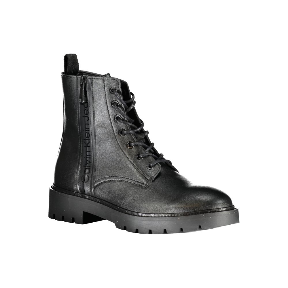 Black Polyester Men BootDive into the epitome of sophistication with these Calvin Klein ankle boots, an absolute masterpiece for the style-conscious individual. With their exquisite lace-up design complemented by a convenient side zip, you’ll enjoy both f