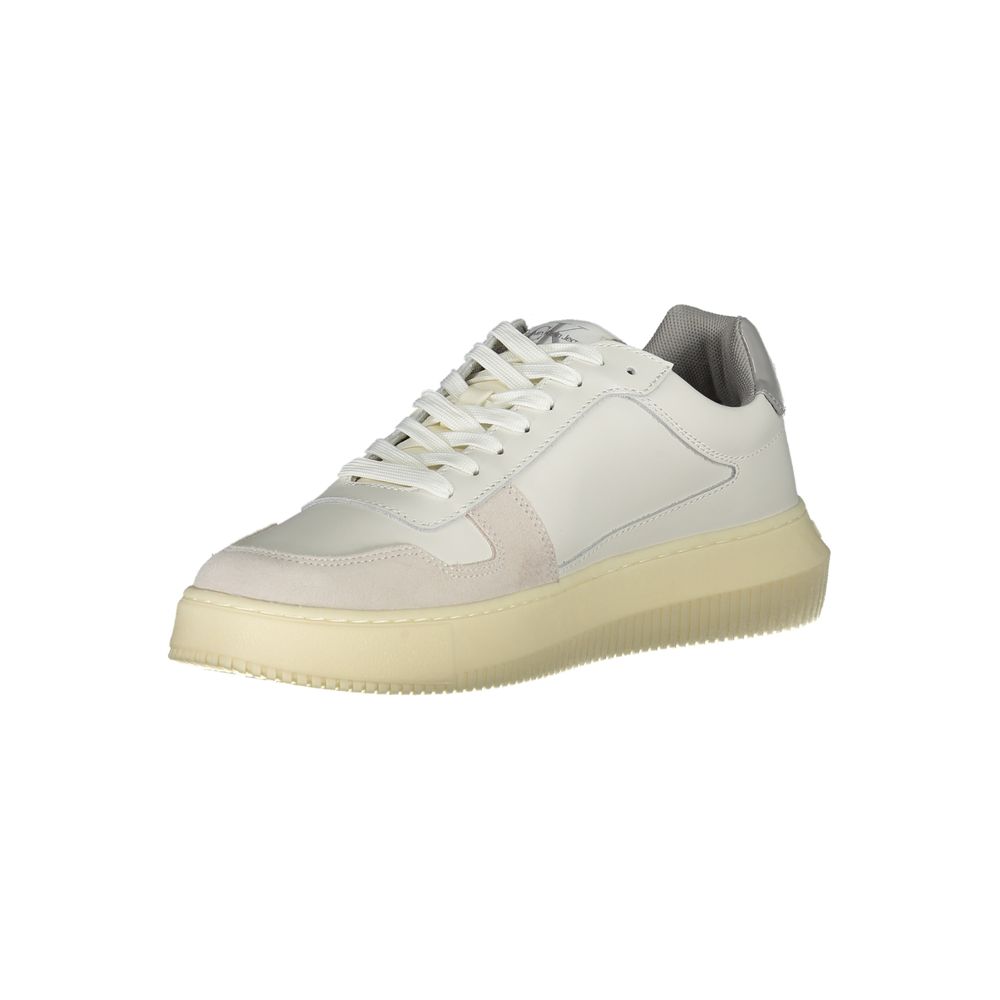 Sleek White Lace-Up Sneakers with Contrast DetailsStep up your footwear game with these sleek white lace-up sneakers featuring eye-catching contrast details and a distinctive logo, expertly crafted by Calvin Klein. Made with a commitment to sustainability