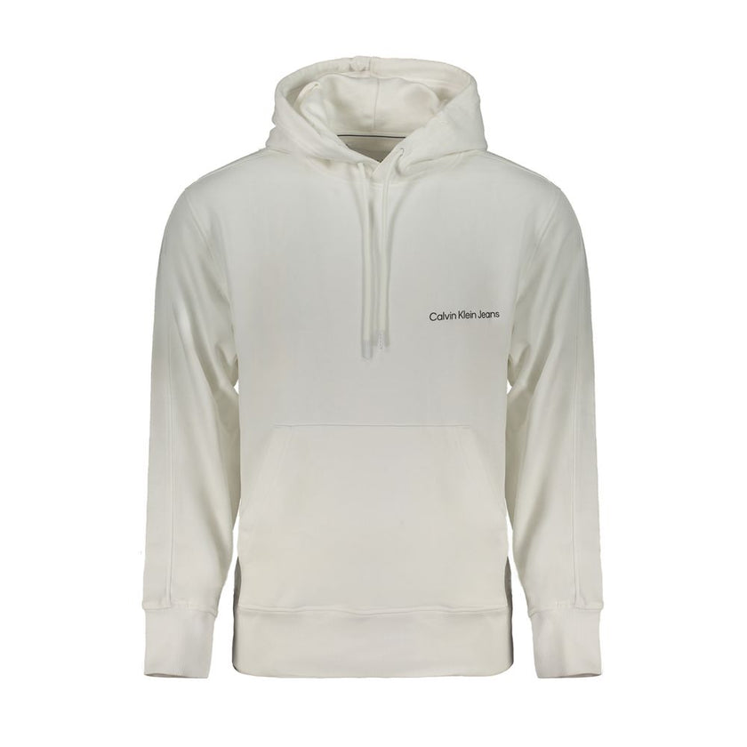 White Cotton Men Sweater with HoodInfuse your wardrobe with the timeless sophistication of Calvin Klein. This sleek white hooded sweatshirt boasts long sleeves and a central pocket, perfect for the modern trendsetter. Crafted from a luxurious blend of 95%