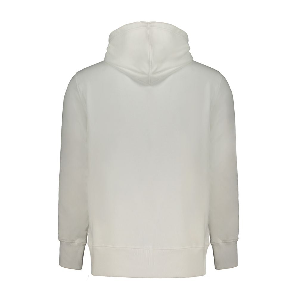 White Cotton Men Sweater with HoodInfuse your wardrobe with the timeless sophistication of Calvin Klein. This sleek white hooded sweatshirt boasts long sleeves and a central pocket, perfect for the modern trendsetter. Crafted from a luxurious blend of 95%