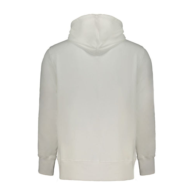 White Cotton Men Sweater with HoodInfuse your wardrobe with the timeless sophistication of Calvin Klein. This sleek white hooded sweatshirt boasts long sleeves and a central pocket, perfect for the modern trendsetter. Crafted from a luxurious blend of 95%