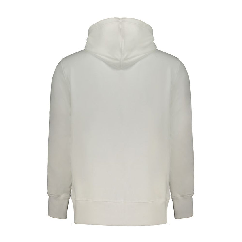 White Cotton Men Sweater with HoodInfuse your wardrobe with the timeless sophistication of Calvin Klein. This sleek white hooded sweatshirt boasts long sleeves and a central pocket, perfect for the modern trendsetter. Crafted from a luxurious blend of 95%