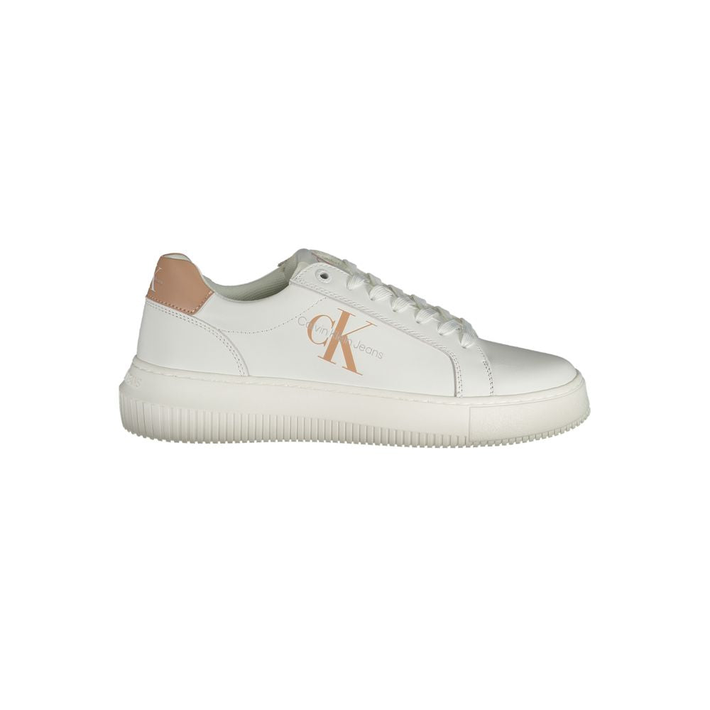 White Leather Women SneakerUnleash your dynamic edge with these Calvin Klein sneakers, where fashion meets athleticism in a striking symphony of style. Crafted with a blend of materials, these kicks feature contrasting pops of pink and the iconic print lo