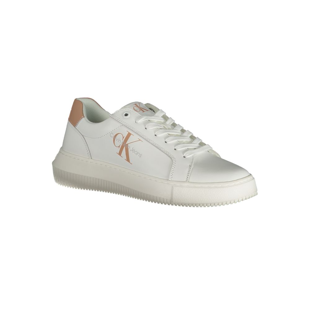 White Leather Women SneakerUnleash your dynamic edge with these Calvin Klein sneakers, where fashion meets athleticism in a striking symphony of style. Crafted with a blend of materials, these kicks feature contrasting pops of pink and the iconic print lo