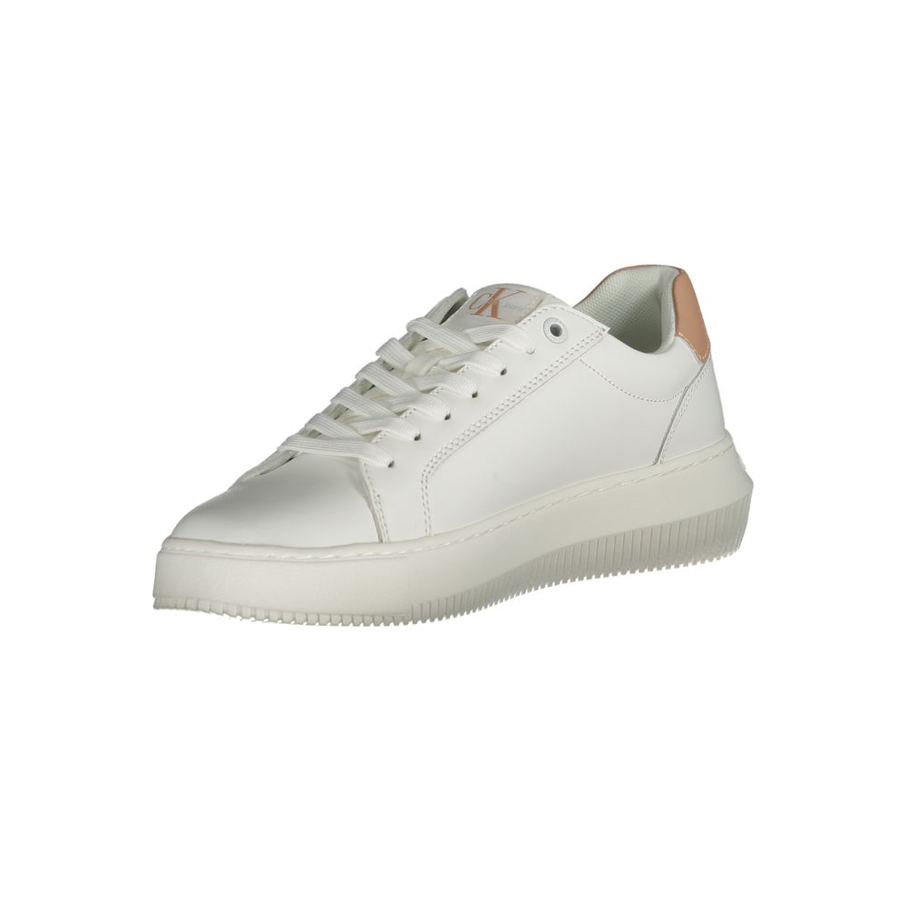 White Leather Women SneakerUnleash your dynamic edge with these Calvin Klein sneakers, where fashion meets athleticism in a striking symphony of style. Crafted with a blend of materials, these kicks feature contrasting pops of pink and the iconic print lo