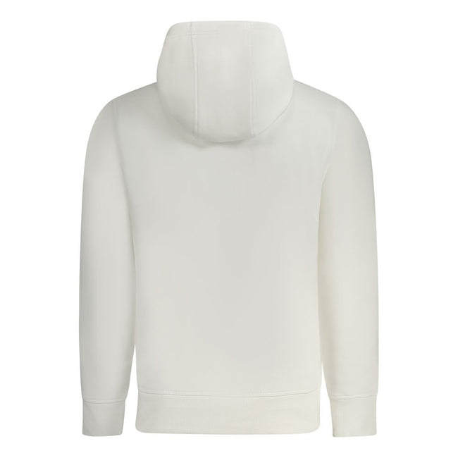 White Cotton Men SweaterElevate your casual wardrobe with the sleek sophistication of a Calvin Klein creation. This pristine white hoodie blends effortless style with unmatched comfort. Boasting a modern print logo that breathes life into the traditional