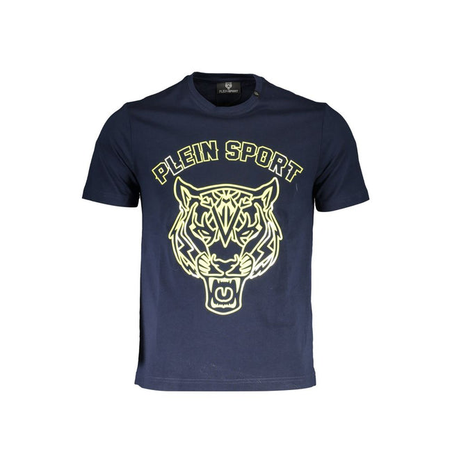 Blue Cotton Men T-ShirtUnleash your inner athlete with the bold aesthetics of the Plein Sport blue t-shirt. Marrying comfort with high-octane style, this crew neck masterpiece highlights a fierce print and iconic logo, underscoring your commitment to luxu