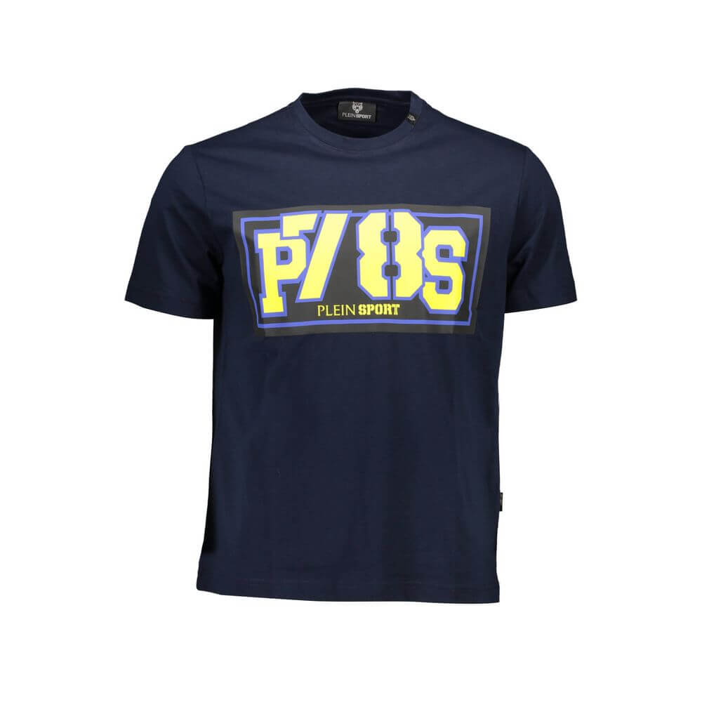 Blue Cotton Men T-ShirtIndulge in the bold aesthetic of Plein Sport with this striking blue short-sleeved T-shirt. Perfectly blending fashion and sport, it showcases an eye-catching print with contrasting details that catch the eye, while the infamous log