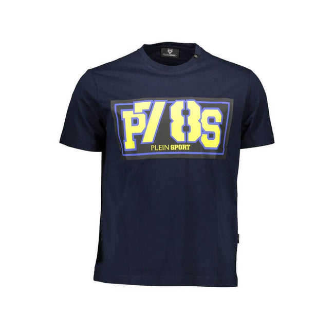 Blue Cotton Men T-ShirtIndulge in the bold aesthetic of Plein Sport with this striking blue short-sleeved T-shirt. Perfectly blending fashion and sport, it showcases an eye-catching print with contrasting details that catch the eye, while the infamous log