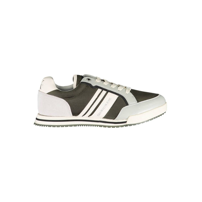 Green Polyester Men SneakerElevate your sneaker game with these Calvin Klein sports shoes, designed to make a statement with every step. Merging fashion-forward aesthetics with functional design, these kicks feature bold contrasting details and the unmist