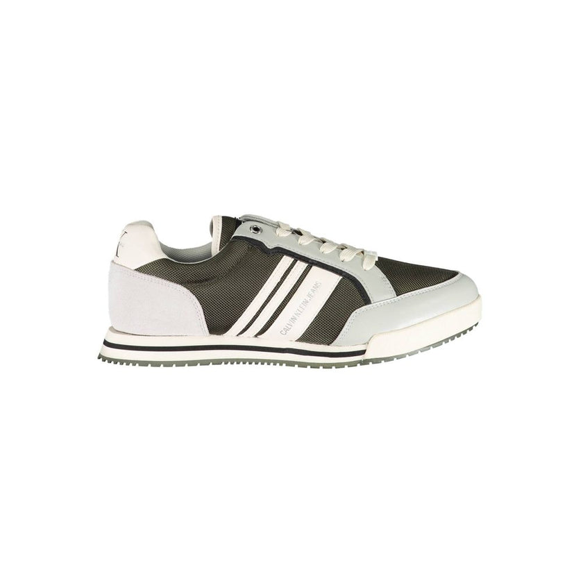 Green Polyester Men SneakerElevate your sneaker game with these Calvin Klein sports shoes, designed to make a statement with every step. Merging fashion-forward aesthetics with functional design, these kicks feature bold contrasting details and the unmist