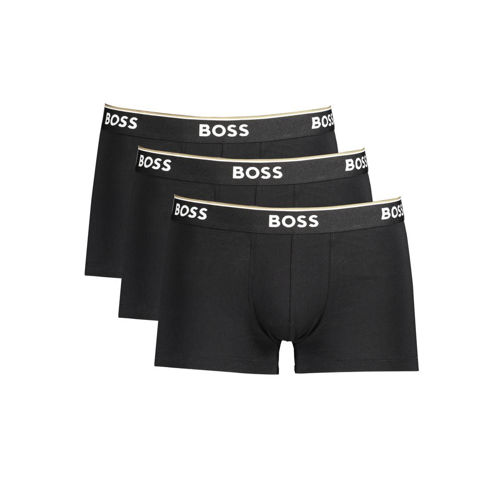 Black Cotton Men Boxer Underwear PackElevate your essentials with the sleek sophistication of Hugo Boss. These Parigamba boxers come in a handy tri-pack, perfect for the modern man on the go who values comfort without compromising on style. Featuring a fl