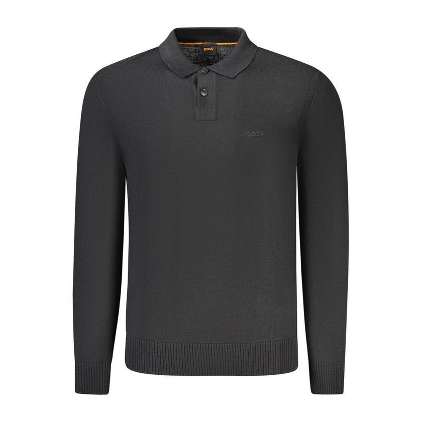Black Wool Men SweaterElevate your wardrobe with the epitome of sophistication—the Hugo Boss Long Sleeved Sweater. This sleek black staple commands attention, exuding an air of refinement with its subtle embroidery and iconic logo detail. Crafted with a l
