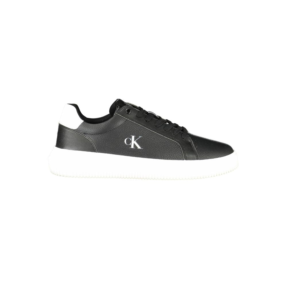 Black Leather Men SneakerUnleash your street style with the audacious elegance of Calvin Klein’s sneakers. Engineered for the fashion-forward, these kicks are a testament to modern design with bold contrasting white details and the iconic logo display. Wh