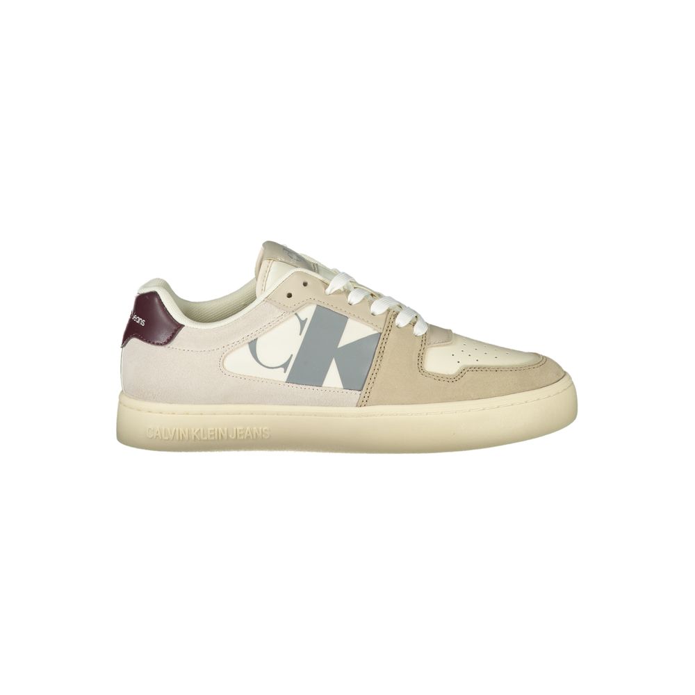 Beige Polyester Men SneakerStep into style with a sustainable edge with these Calvin Klein sneakers. Combining fashion-forward design and eco-conscious materials, this pair boasts a chic beige hue, accented by grey and Bordeaux touches that make a bold st