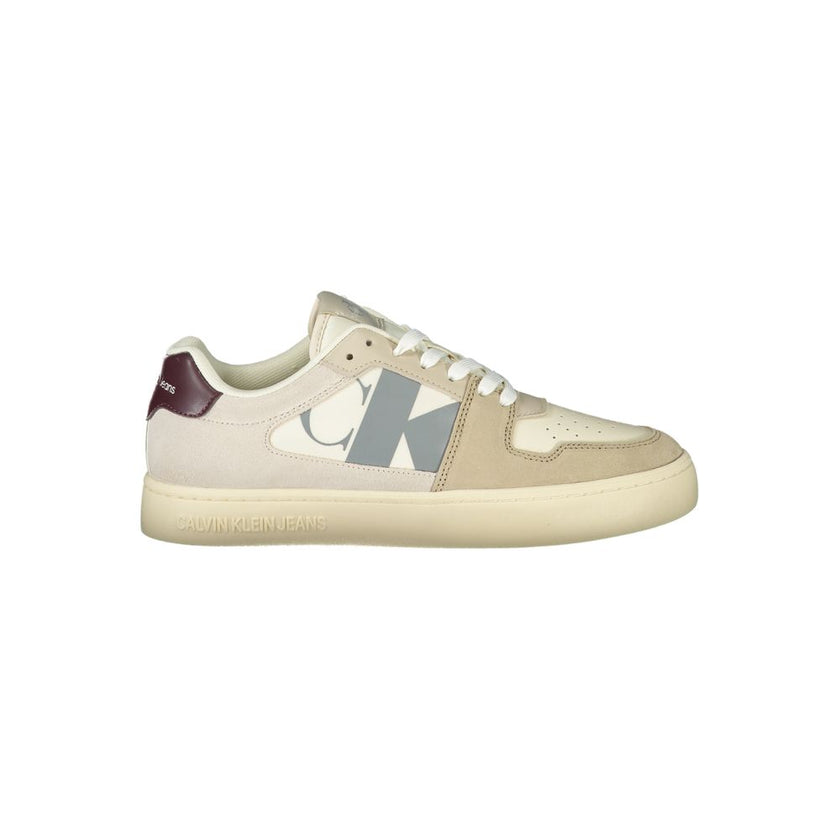Beige Polyester Men SneakerStep into style with a sustainable edge with these Calvin Klein sneakers. Combining fashion-forward design and eco-conscious materials, this pair boasts a chic beige hue, accented by grey and Bordeaux touches that make a bold st