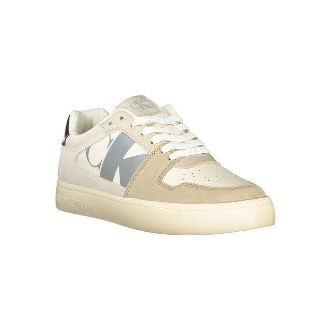 Beige Polyester Men SneakerStep into style with a sustainable edge with these Calvin Klein sneakers. Combining fashion-forward design and eco-conscious materials, this pair boasts a chic beige hue, accented by grey and Bordeaux touches that make a bold st
