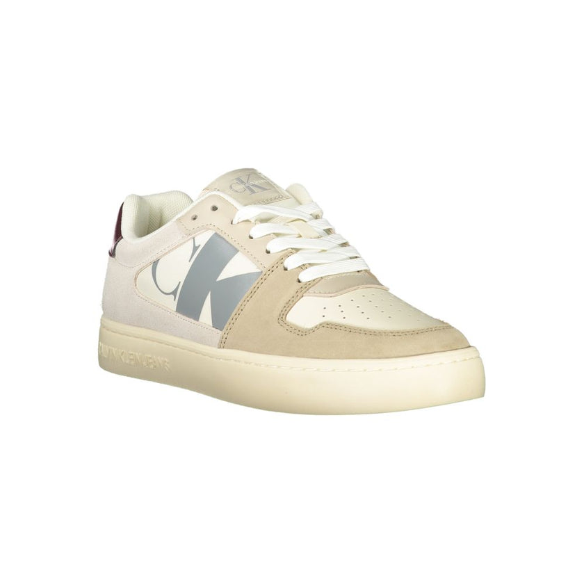 Beige Polyester Men SneakerStep into style with a sustainable edge with these Calvin Klein sneakers. Combining fashion-forward design and eco-conscious materials, this pair boasts a chic beige hue, accented by grey and Bordeaux touches that make a bold st