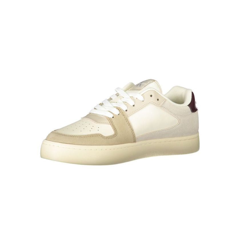 Beige Polyester Men SneakerStep into style with a sustainable edge with these Calvin Klein sneakers. Combining fashion-forward design and eco-conscious materials, this pair boasts a chic beige hue, accented by grey and Bordeaux touches that make a bold st