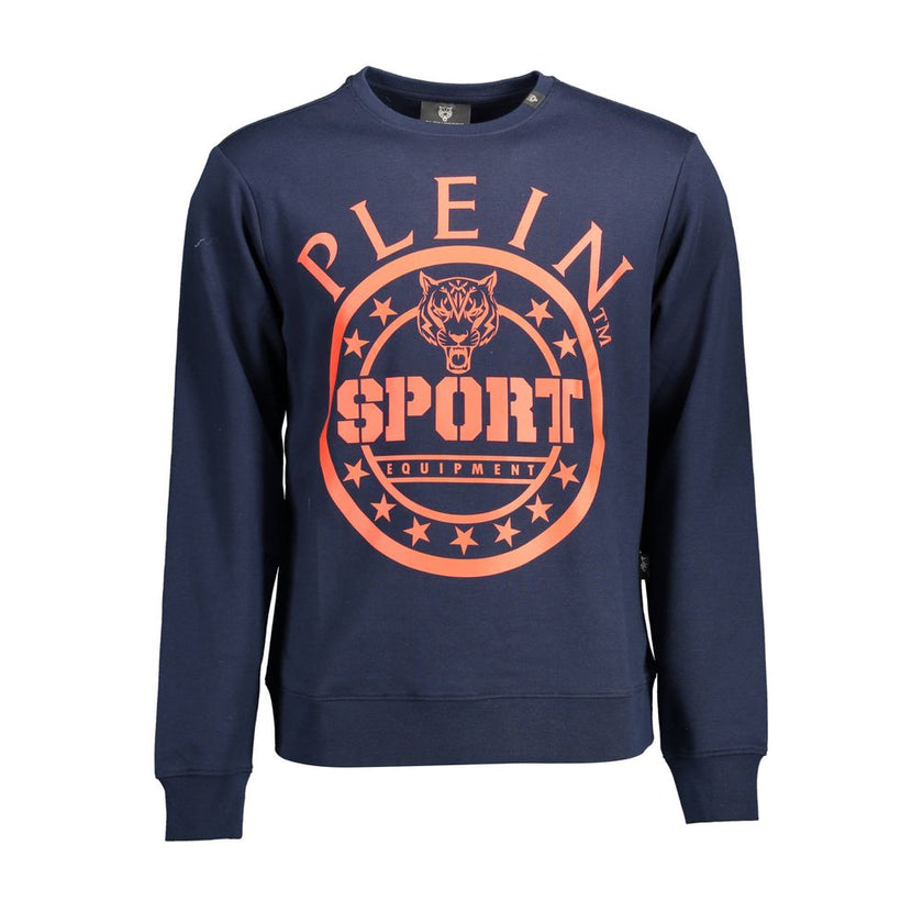 Blue Cotton Men SweaterElevate your sportswear collection with the electric energy of Plein Sport. This long sleeve sweatshirt combines a bold blue hue with the audacity of a graphic print and the distinct Plein logo, defining the ethos of the athlete who