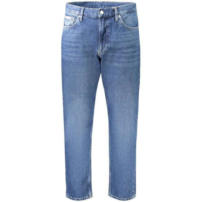 Blue Cotton Men JeansElevate your denim game with these Calvin Klein Dad Jeans. Meticulously designed to embody the spirit of modern style with a classic edge, these jeans feature the quintessential five pockets and a stylish washed effect that whispers c