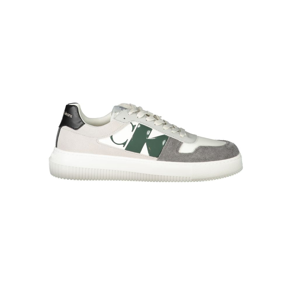 White Polyethylene Men SneakerElevate your sneaker game with these Calvin Klein sports shoes, seamlessly blending function with flair. Featuring a lace-up design, these kick boast striking grey-green-black contrasting details and a distinctive print for t