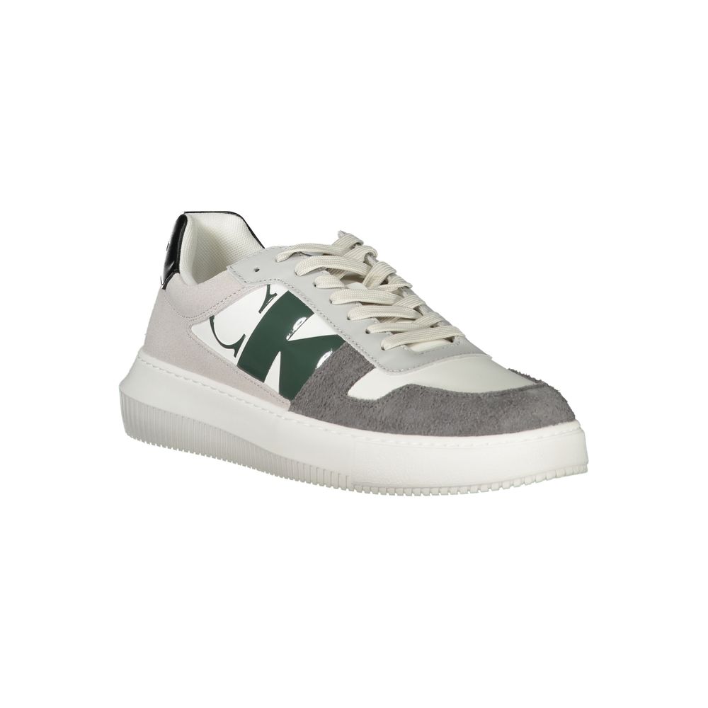 White Polyethylene Men SneakerElevate your sneaker game with these Calvin Klein sports shoes, seamlessly blending function with flair. Featuring a lace-up design, these kick boast striking grey-green-black contrasting details and a distinctive print for t