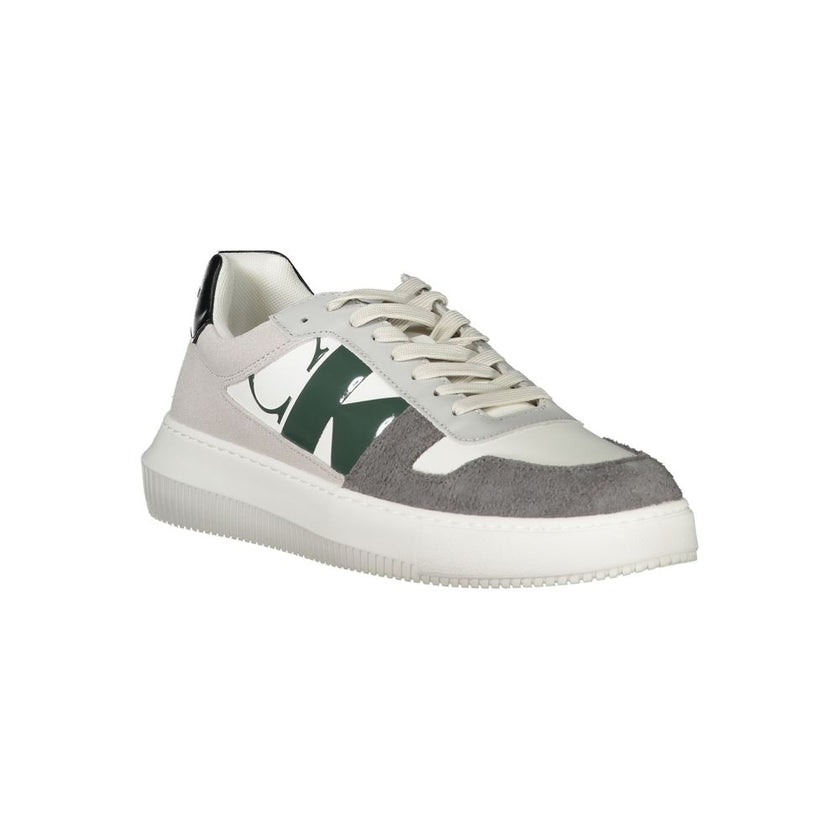 White Polyethylene Men SneakerElevate your sneaker game with these Calvin Klein sports shoes, seamlessly blending function with flair. Featuring a lace-up design, these kick boast striking grey-green-black contrasting details and a distinctive print for t