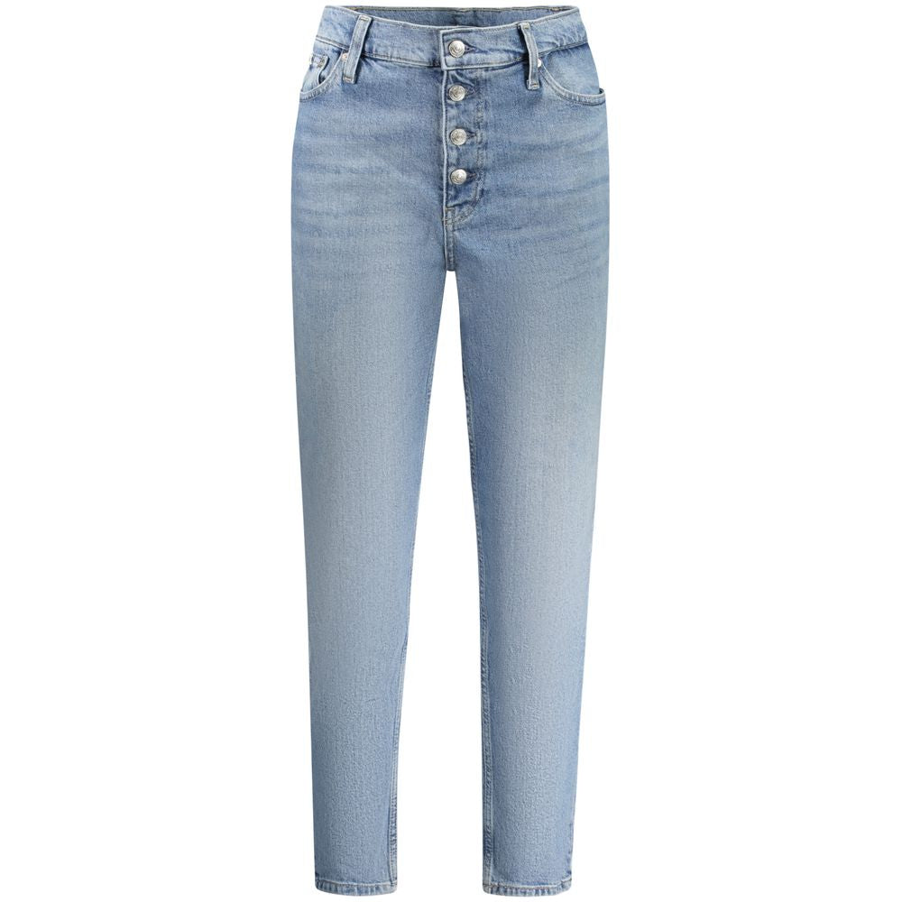 Blue Cotton Women JeanElevate your denim collection with the timeless sophistication of Calvin Klein’s MOM JEANS. Embrace the perfect blend of comfort and style with their iconic washed effect and chic logo. These jeans offer a classic 5-pocket design sea