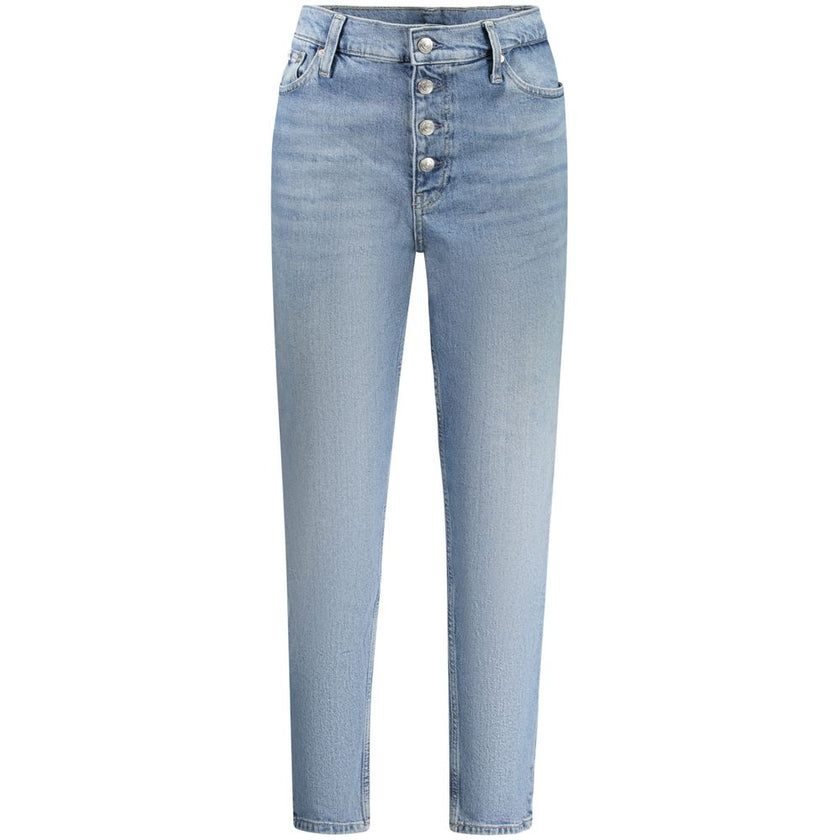 Blue Cotton Women JeanElevate your denim collection with the timeless sophistication of Calvin Klein’s MOM JEANS. Embrace the perfect blend of comfort and style with their iconic washed effect and chic logo. These jeans offer a classic 5-pocket design sea