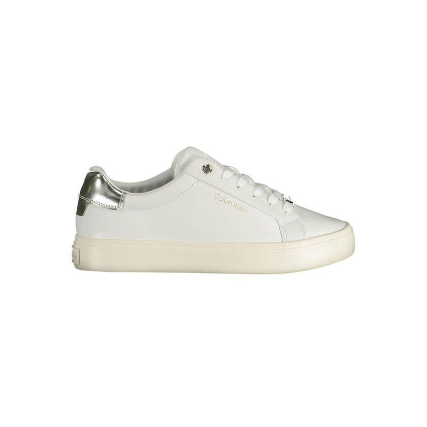 White Leather Women SneakerEmbrace the epitome of urban chic with these Calvin Klein sports sneakers. Crafted for the fashion-forward, these shoes boast a sleek white color palette with contrasting details that make a statement as you stride. The iconic C