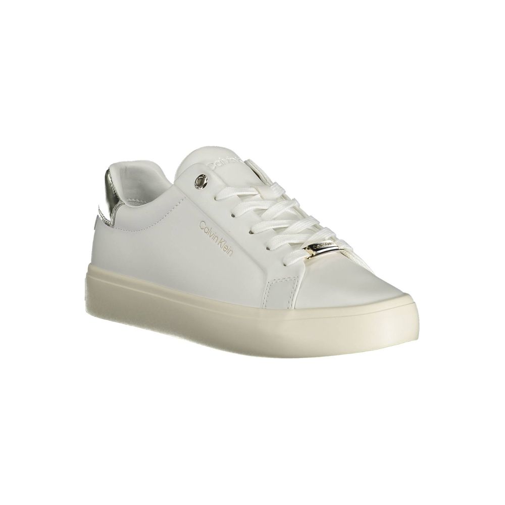 White Leather Women SneakerEmbrace the epitome of urban chic with these Calvin Klein sports sneakers. Crafted for the fashion-forward, these shoes boast a sleek white color palette with contrasting details that make a statement as you stride. The iconic C
