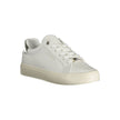 White Leather Women SneakerEmbrace the epitome of urban chic with these Calvin Klein sports sneakers. Crafted for the fashion-forward, these shoes boast a sleek white color palette with contrasting details that make a statement as you stride. The iconic C