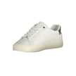 White Leather Women SneakerEmbrace the epitome of urban chic with these Calvin Klein sports sneakers. Crafted for the fashion-forward, these shoes boast a sleek white color palette with contrasting details that make a statement as you stride. The iconic C
