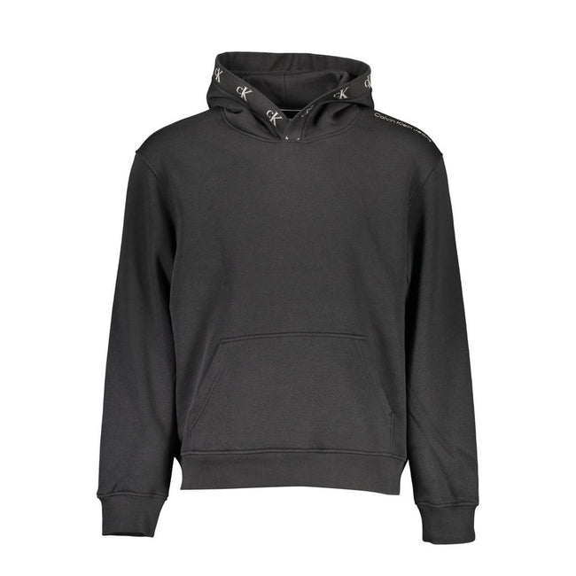 Black Cotton Men SweaterRevamp your style with the audacious edge of Calvin Klein. This sleek black hoodie is a masterclass in casual luxury, merging comfort with emblematic flair. The long sleeves, central pocket, and striking contrasting details radiate