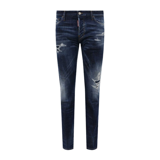 Blue Cotton Men Slim JeanElevate your denim game with the unmistakable edge of Dsquared² Slim Jean jeans. These blue beauties boast an effortlessly cool, slightly faded wash punctuated by deliberate distressing that tells a story of adventure and style. F