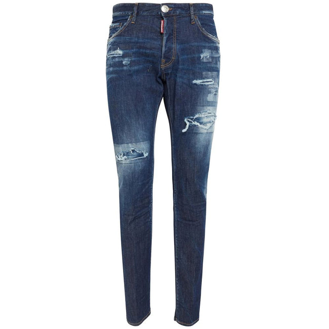 Blue Cotton Men JeansElevate your denim game with Dsquared²’s Cool Guy jeans, the epitome of rugged sophistication. Crafted in Italy, these jeans showcase edgy distressing and a tasteful fade for that perfectly worn-in look. A logo patch on the rear ensur