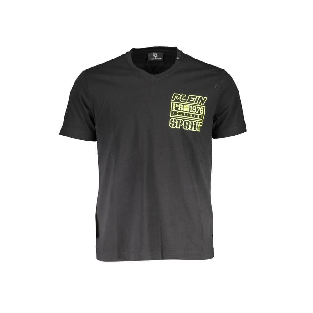 Black Cotton Men T-ShirtExude confidence and embody the essence of athleisure with Plein Sport’s sleek, short-sleeved t-shirt. With a bold “v” neckline accentuating the silhouette and a striking print emblazoned front and center, this black tee is not jus
