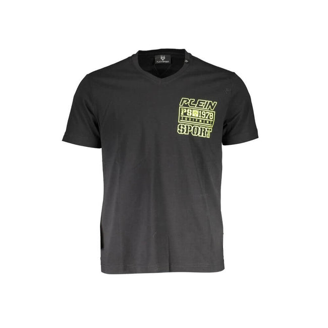 Black Cotton Men T-ShirtExude confidence and embody the essence of athleisure with Plein Sport’s sleek, short-sleeved t-shirt. With a bold “v” neckline accentuating the silhouette and a striking print emblazoned front and center, this black tee is not jus