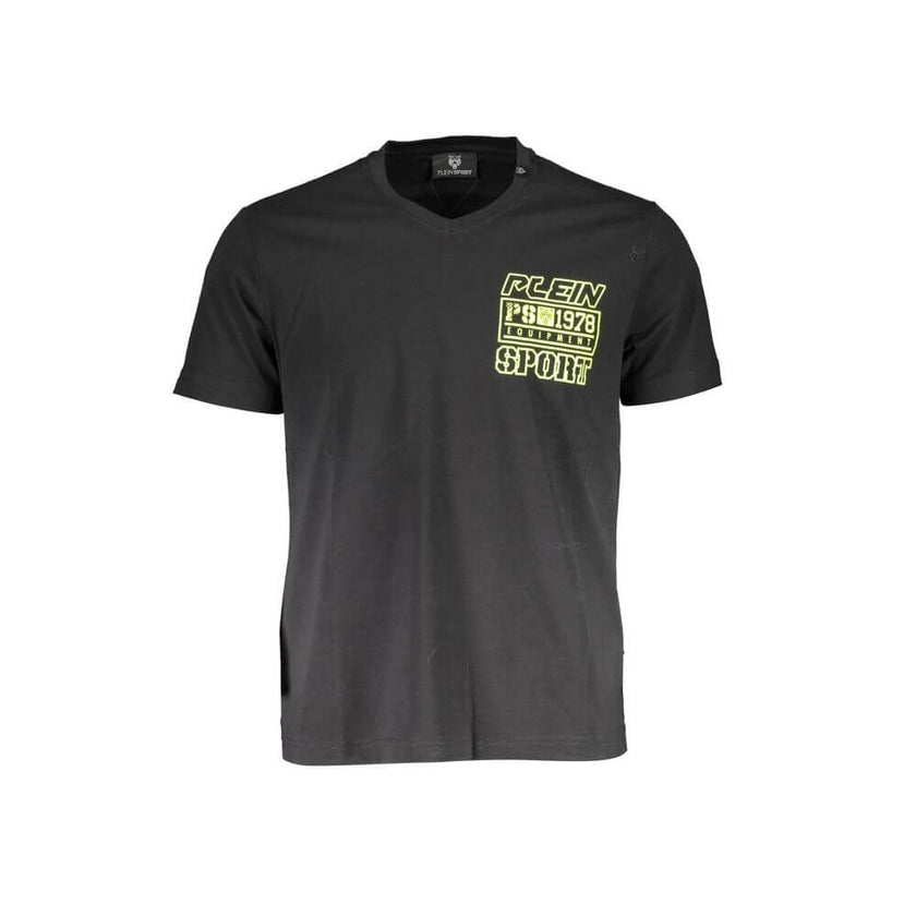 Black Cotton Men T-ShirtExude confidence and embody the essence of athleisure with Plein Sport’s sleek, short-sleeved t-shirt. With a bold “v” neckline accentuating the silhouette and a striking print emblazoned front and center, this black tee is not jus