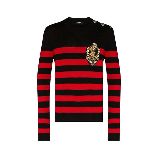 Black Wool SweaterBalmain red and black striped jersey. Button fastening at left shoulder. Iconic gold fabric logo on the front.Black Wool Sweater${tagsBalmainAulae Black Wool Sweater BalmainAulae Black Wool Sweater Balmain red and black striped jersey. B
