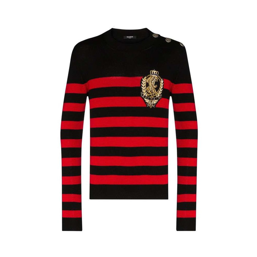 Black Wool SweaterBalmain red and black striped jersey. Button fastening at left shoulder. Iconic gold fabric logo on the front.Black Wool Sweater${tagsBalmainAulae Black Wool Sweater BalmainAulae Black Wool Sweater Balmain red and black striped jersey. B