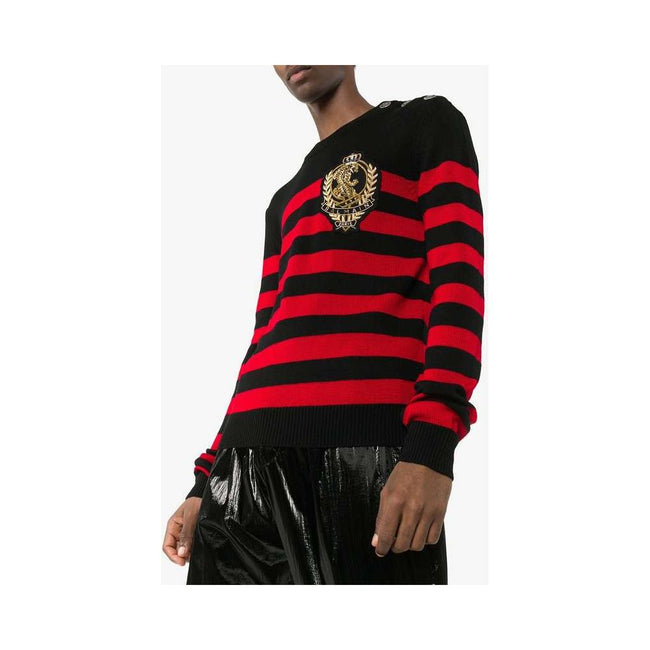 Black Wool SweaterBalmain red and black striped jersey. Button fastening at left shoulder. Iconic gold fabric logo on the front.Black Wool Sweater${tagsBalmainAulae Black Wool Sweater BalmainAulae Black Wool Sweater Balmain red and black striped jersey. B